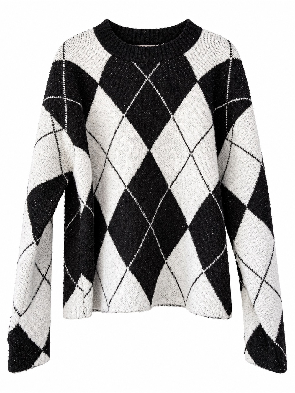 ESQUALO Monochrome Argyle Crewneck Sweater in Black & White